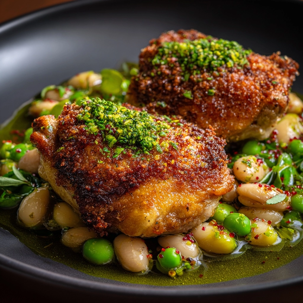 Crispy Chicken Thighs Over Vinegar Beans Recipe - Recipe Image