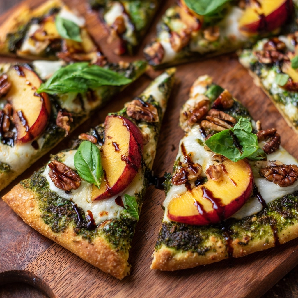 Toasted Walnut Pesto and Caramelized Nectarine Pizza with Spicy Balsamic Drizzle Recipe - Recipe Image