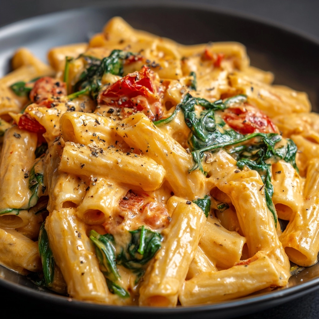 Penne Pasta with Spinach and Roasted Red Pepper Cream Sauce Recipe - Recipe Image